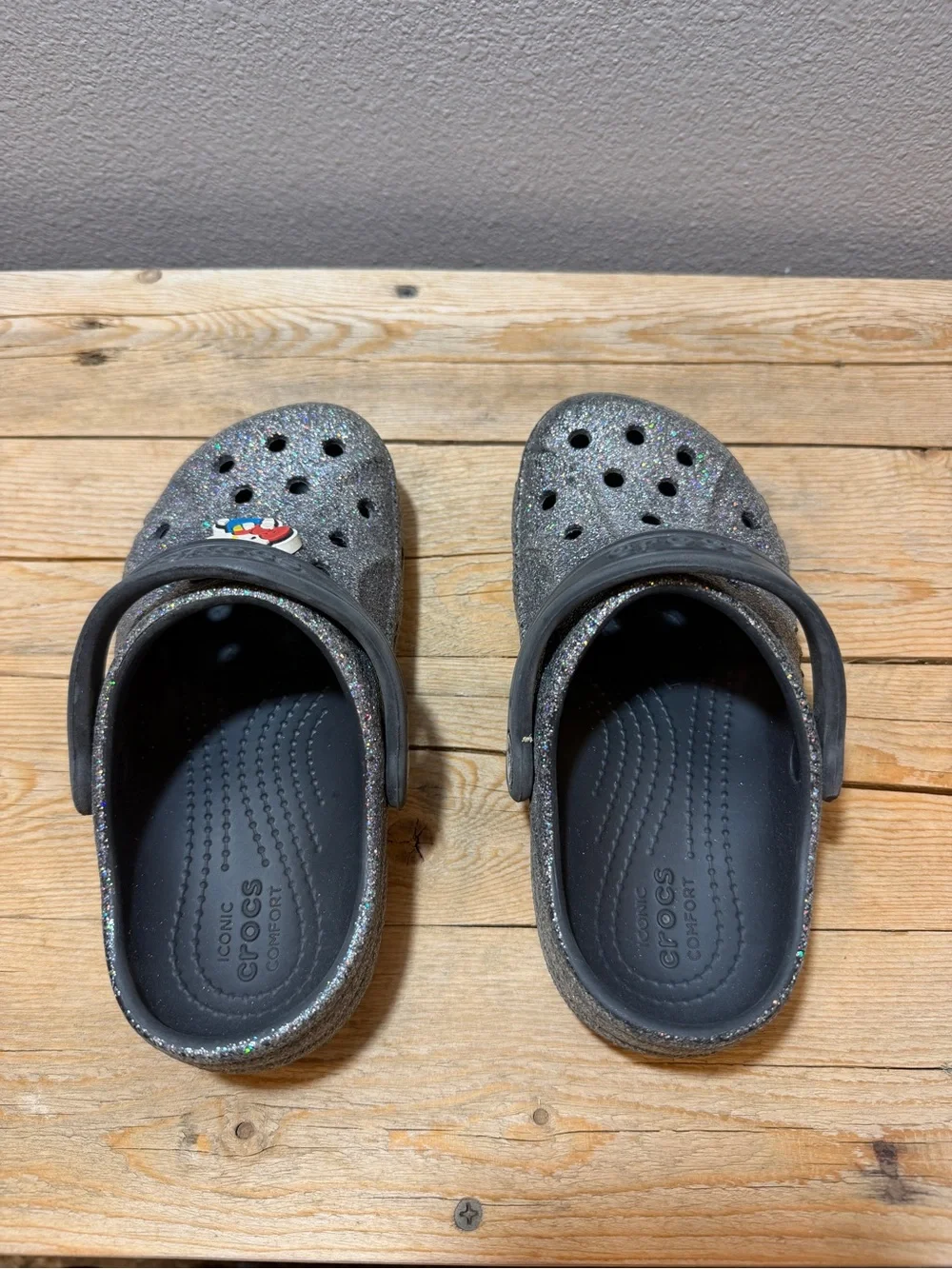 CROCS Kids Glitter Clogs in Silver and Black